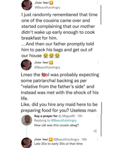 Twitter user reveals how her father handled his relative who visited and was upset that their mother didn't wake early to cook