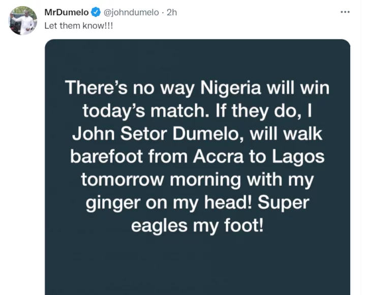 I will walk barefoot from Accra to Lagos if Nigeria defeats Ghana in World Cup qualifiers match - John Dumelo