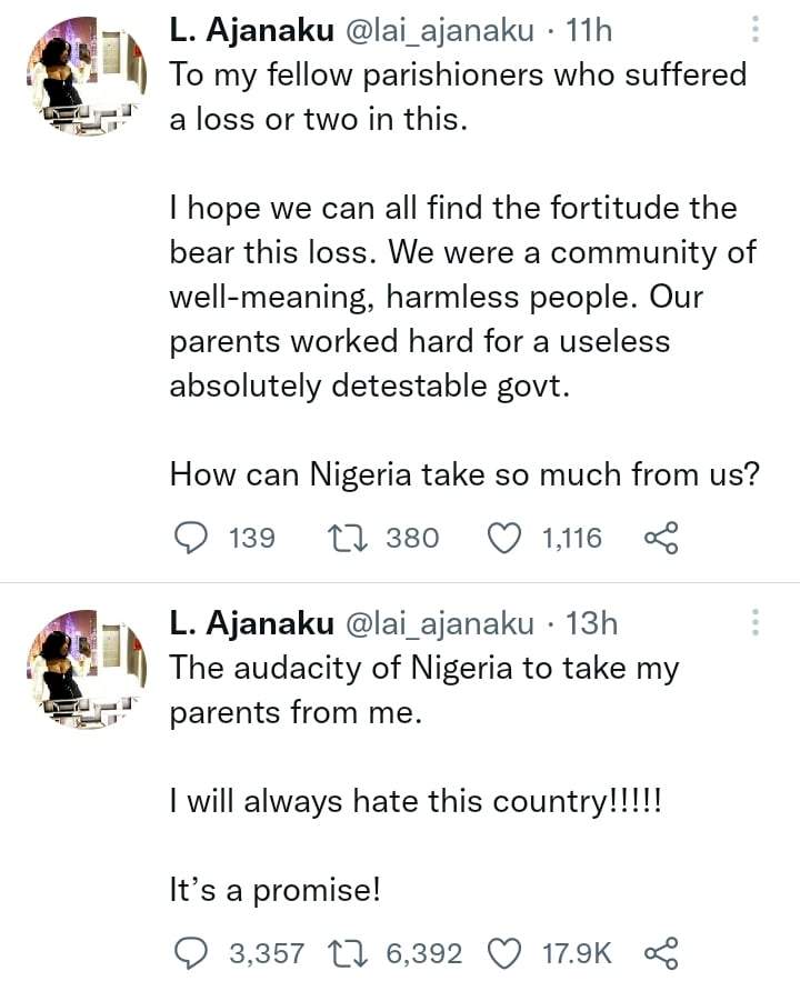 'Nigeria took my parents from me' - Lady mourns as she's orphaned after Ondo state church attack