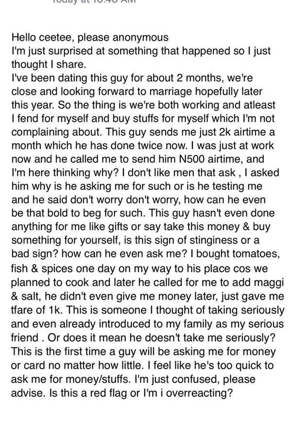 Lady calls out boyfriend's stinginess after asking her for N500 airtime for the first time