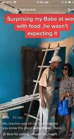 'See love wey I dey find' - Reactions as lady surprises painter boyfriend with food at work