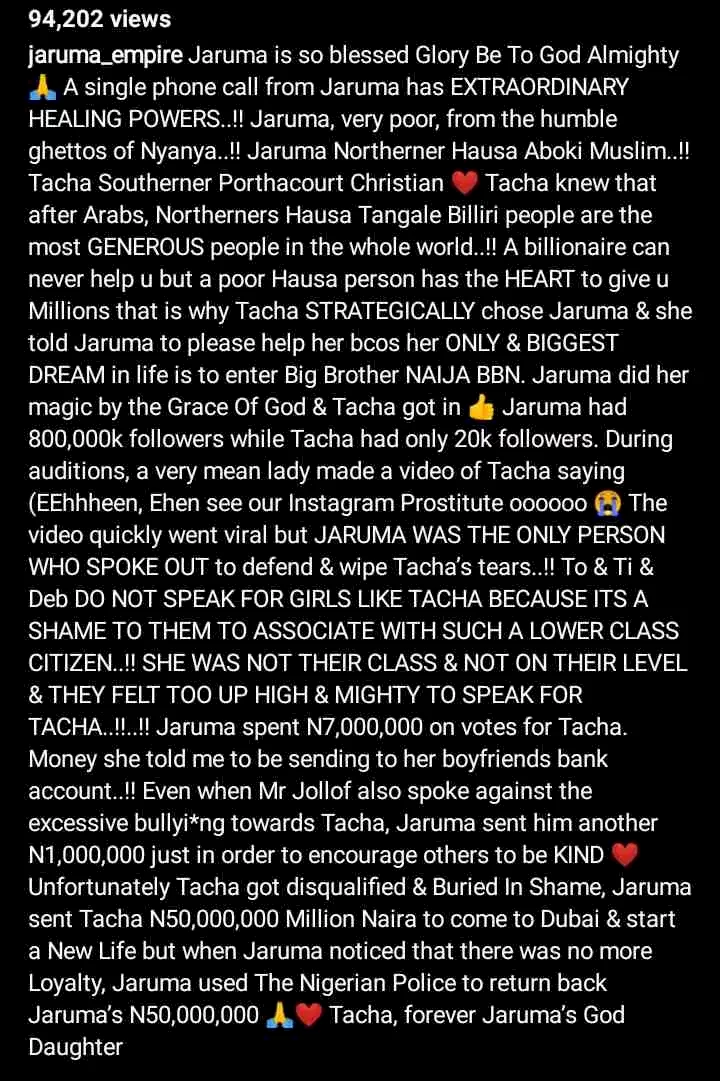 How I performed magic for Tacha to get into BBNaija house, spent millions to ensure she becomes famous - Jaruma recounts