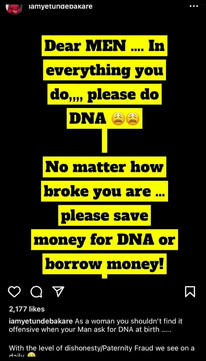 No matter how broke you are, do DNA; women stop taking an offense - Yetunde Bakare pleads