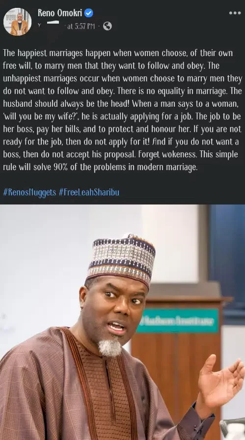 'There is no equality in marriage, the husband should always be the head' - Reno Omokri