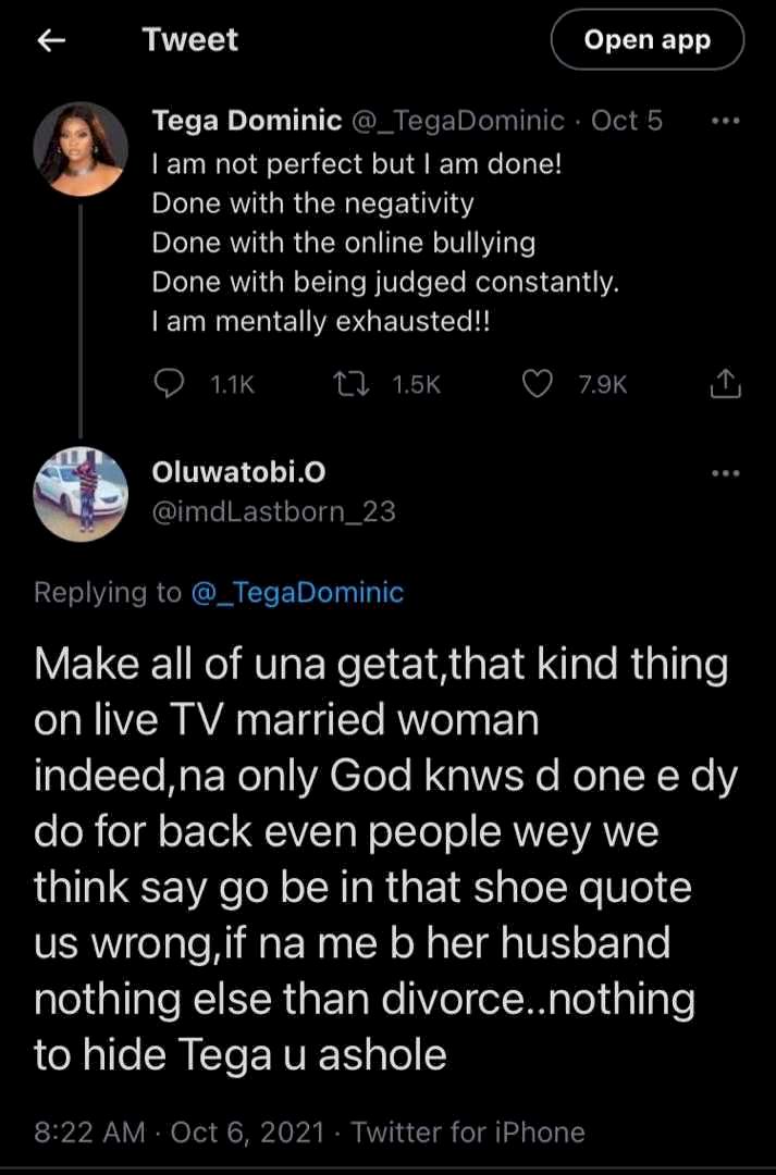 Two months later, Tega Dominic slams troll that accused her of adultery