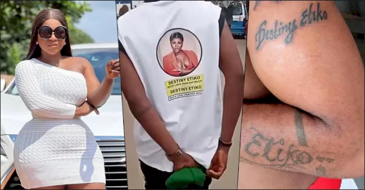 "Marry him, it is worth it" - Speculations as fan inks tattoo of Destiny Etiko's name, wears outfit with her face on it (Video)