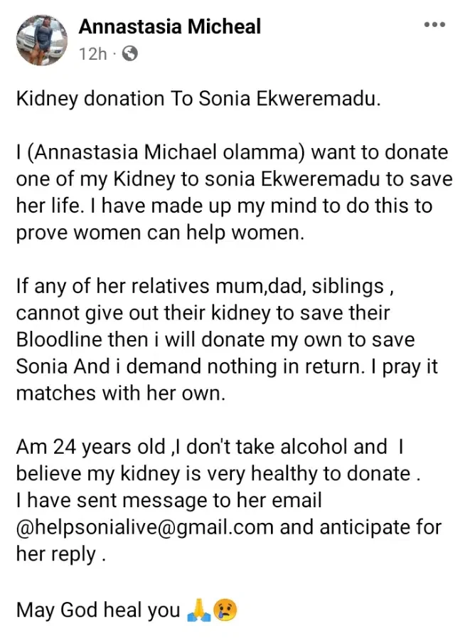 'I demand nothing in return, I pray it matches' - Nigerian lady offers her kidney to Ekweremmadu's daughter, Sonia