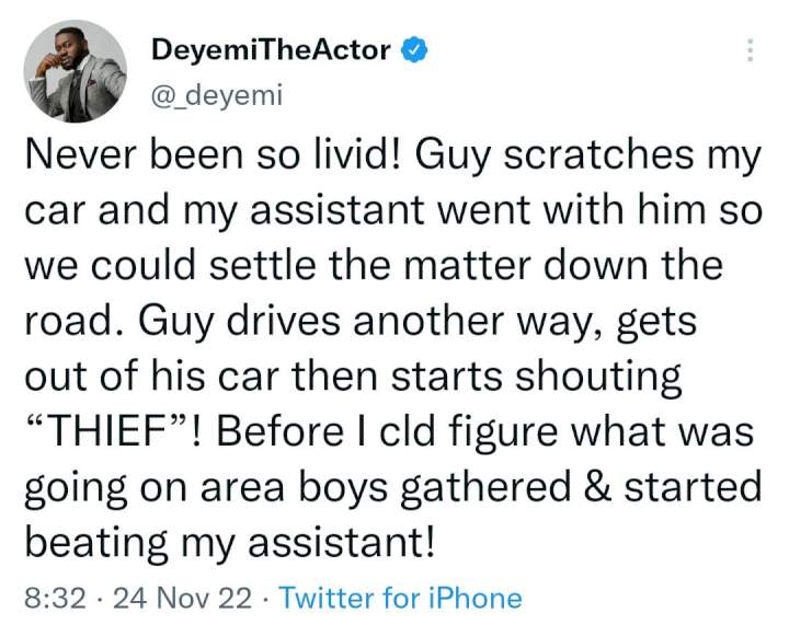 Still shaken up by how close I came to physically hurting another human being - Actor Deyemi Okanlawon shares his experience with area boys.