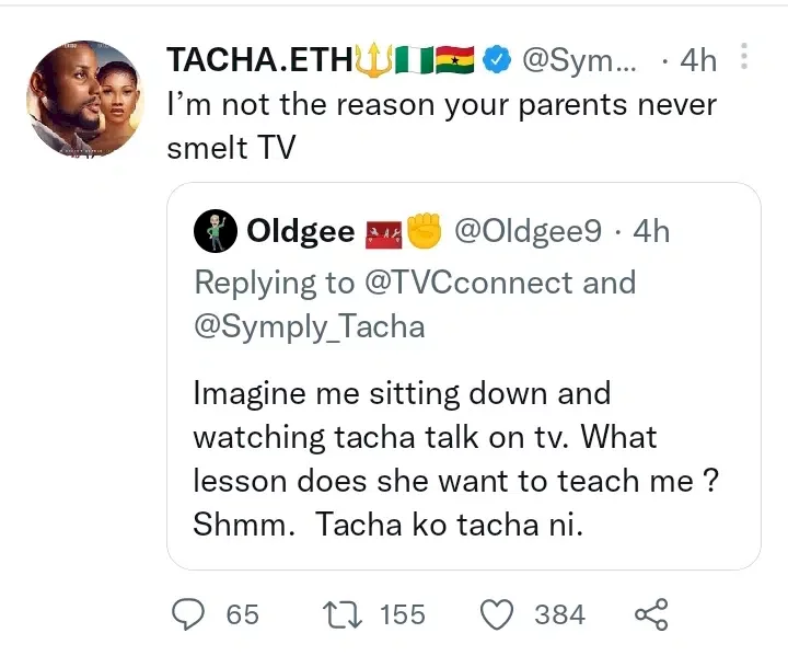 'I'm not the reason your parents never smelt TV' - Tacha blasts critic who made an unsavory remark about her TVC interview