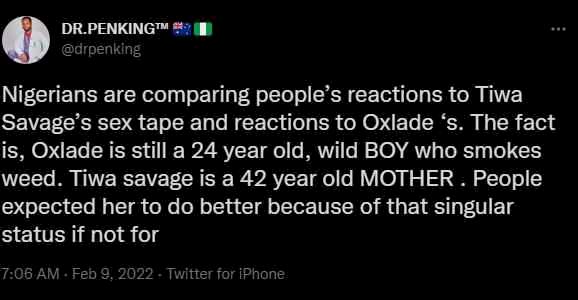 'Oxlade is a wild boy who smokes weed while Tiwa Savage is a 42-year-old mother' - Man elaborates on why Oxlade's tapes aren't triggering backlashes like Tiwa's