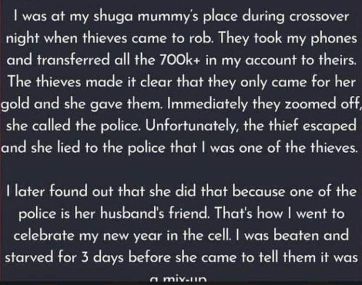 Man narrates how he spent 3 days in cell after he visited his sugar mummy during crossover night