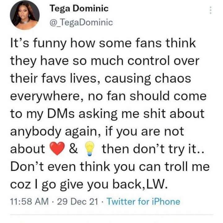 Tega Dominic mocked after clarifying claims of shading a certain 'ship' (Video)