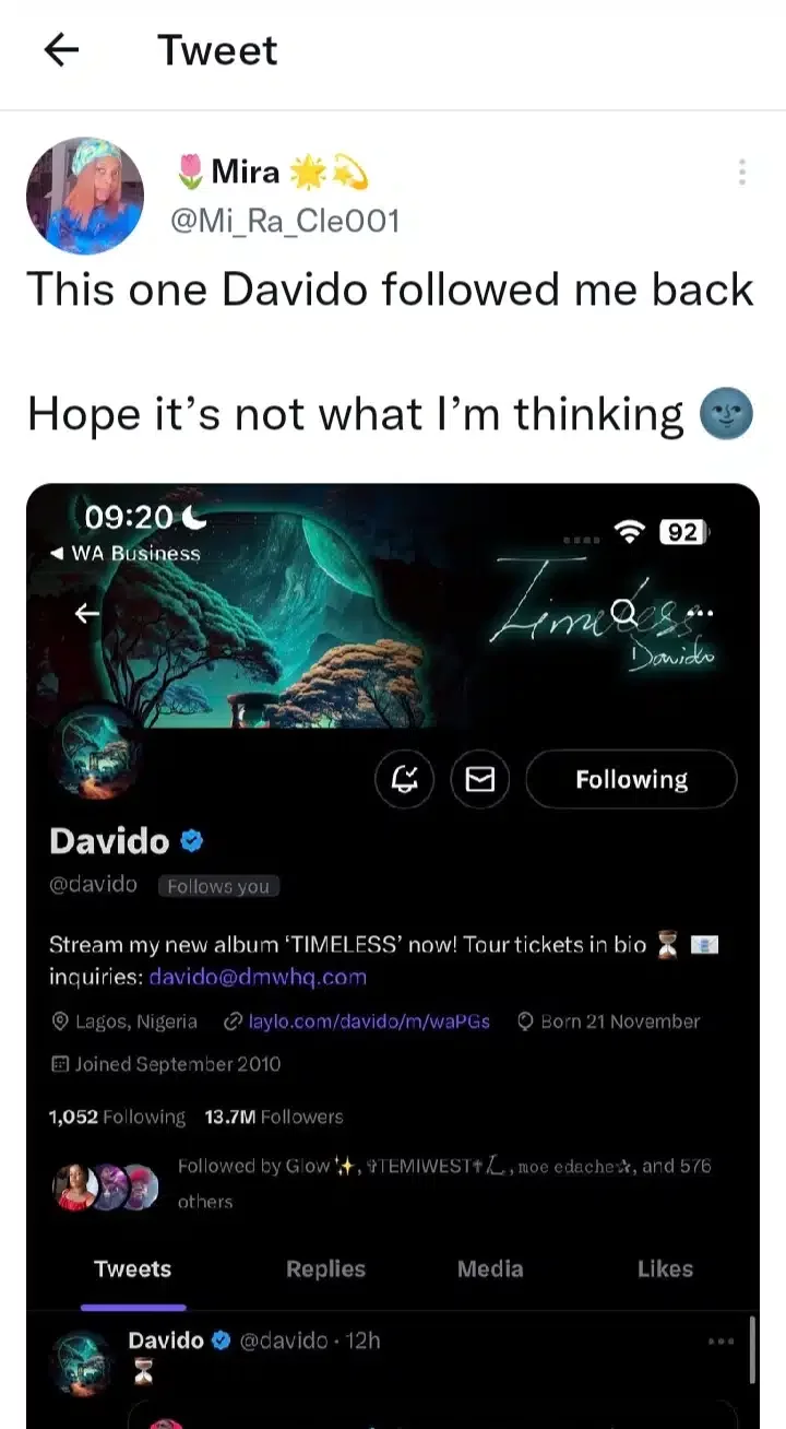 'I feel like I'm pregnant already' - Lady shares screenshot as Davido follows her back on Twitter