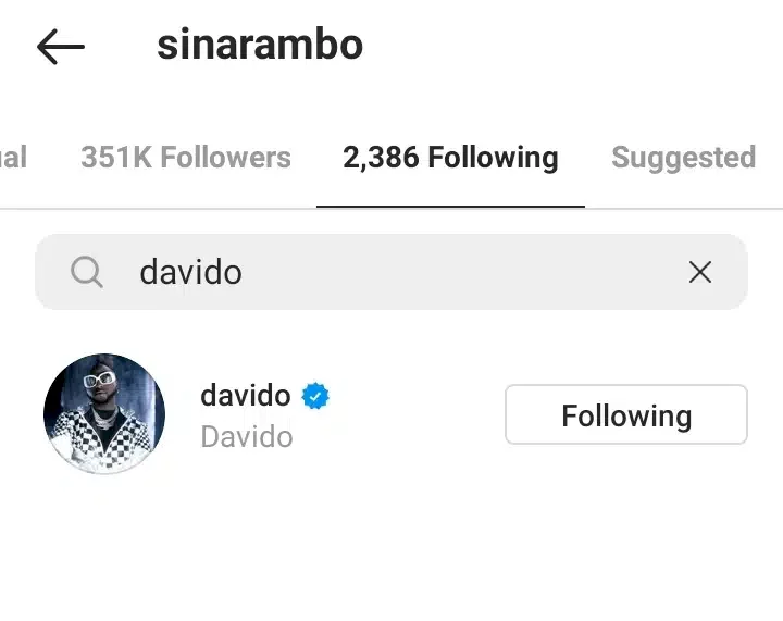 Davido unfollows cousin, Sina Rambo, after he leaked their chat to mother-in-law