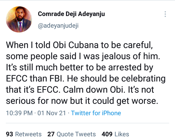'When I told him to be careful, people said I was jealous of him' - Activist, Deji Adeyanju reacts to Obi Cubana's arrest