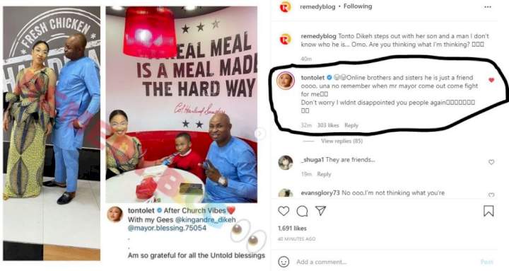 Tonto Dikeh reacts after netizens read meaning into a recent photo of herself and a 'friend'