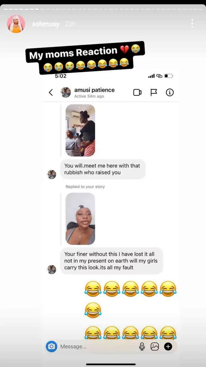 'I feel the shame of my daughter turning to BBN Angel' - Ashmusy shares screenshot of what her mother told her after she pierced her nose