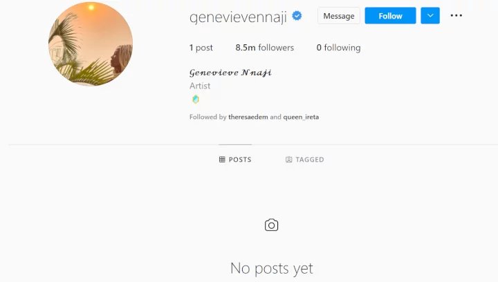 Genevieve Nnaji unfollows everyone on Instagram, deletes all her posts