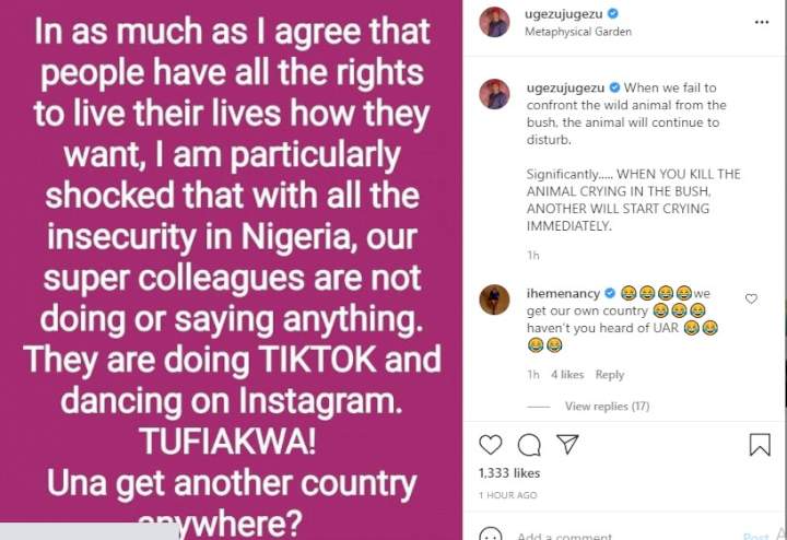 'They are doing TikTok and dancing on Instagram' - Actor, Ugezu Ugezu blast colleagues who are mute on insecurities in Nigeria