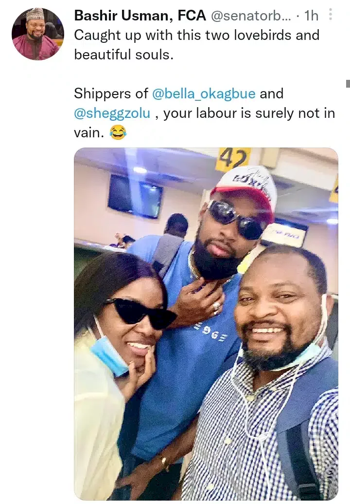 'Shippers, your labour wasn't in vain' - Man beams happily as he bumps into Bella and Sheggz at airport (Video)