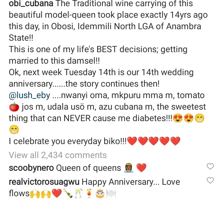 'She is one of my life's best decisions' - Obi Cubana praises wife as they mark 14th traditional wedding anniversary (Video)