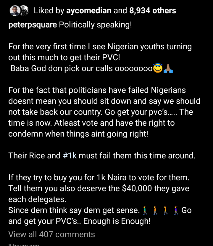 'Their rice and N1k must fail them' - Peter Okoye shades politicians following massive turnout for PVC registration