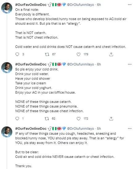 'Drinking cold water does not cause Catarrh' - Nigerian doctor educates Nigerians