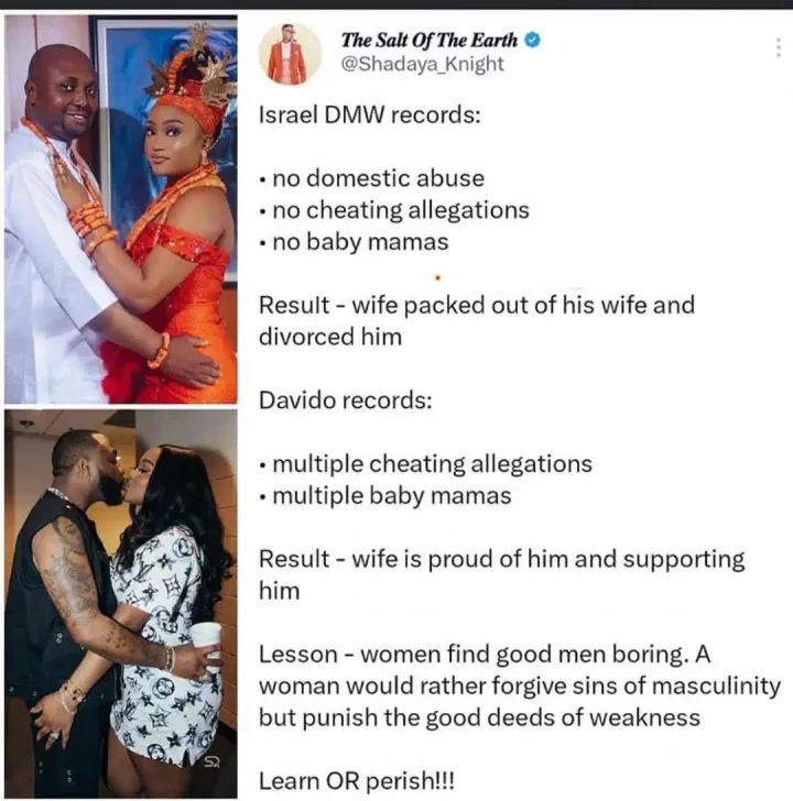 'Women find good men boring' - Twitter user says compares Davido and Isreal DMW wives