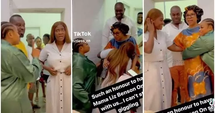 Video shows Mercy Johnson, Mike Godson and other actors 'shaking' as veteran Liz Benson arrives on set