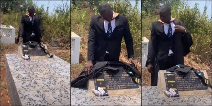 Emotional moment man visits mother's grave after graduation to pay respects