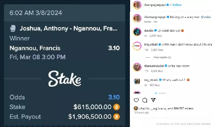 Davido teases Drake as he loses $615,000 bet on Francis Ngannou who was knocked out by Anthony Joshua