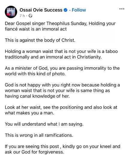 Holding waist of a woman that is not your wife is a taboo traditionally and an immoral act in Christianity - Delta state gov's aide, Ovie Success, chides gospel artiste Theophilus Sundays
