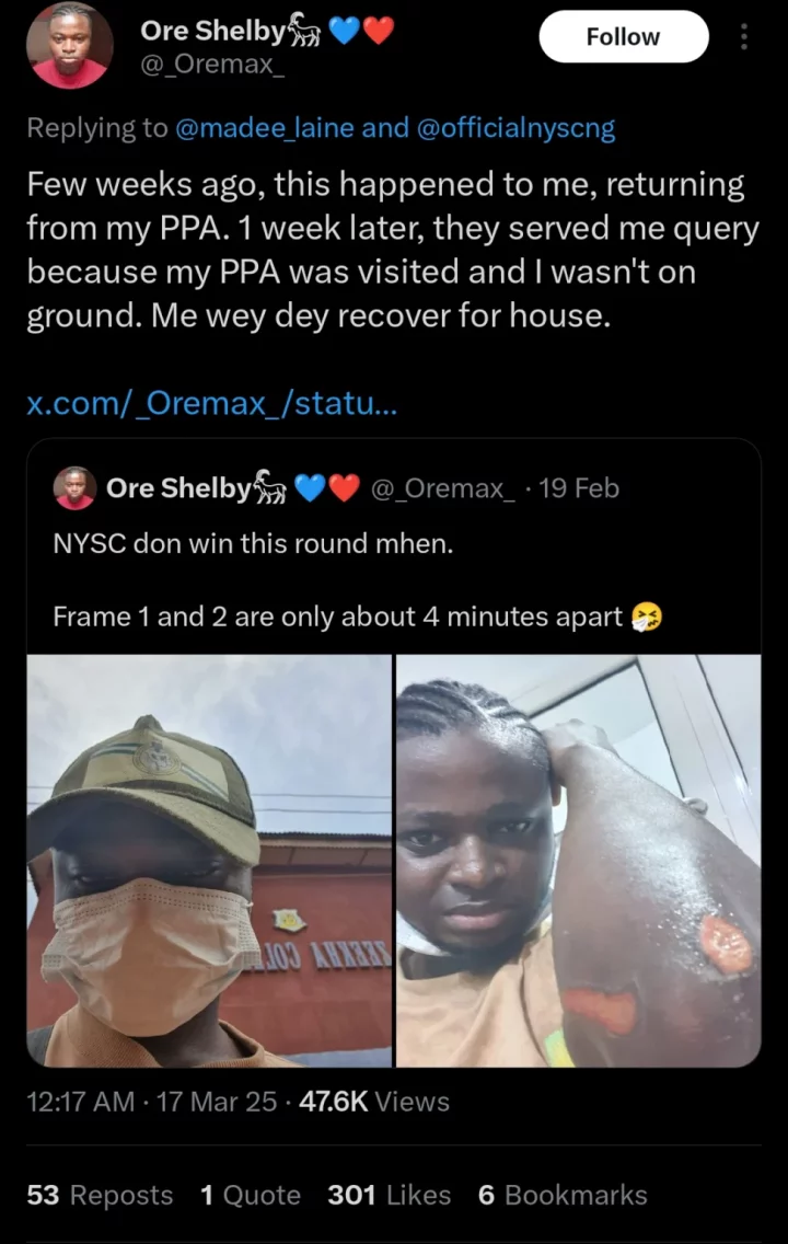 Corps member laments as NYSC serves him query for failing to report to PPA after accident