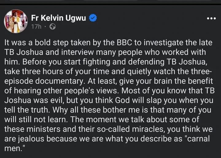 Fr Kelvin Ugwu Urges People To Watch BBC Documentary Before Defending T.B. Joshua