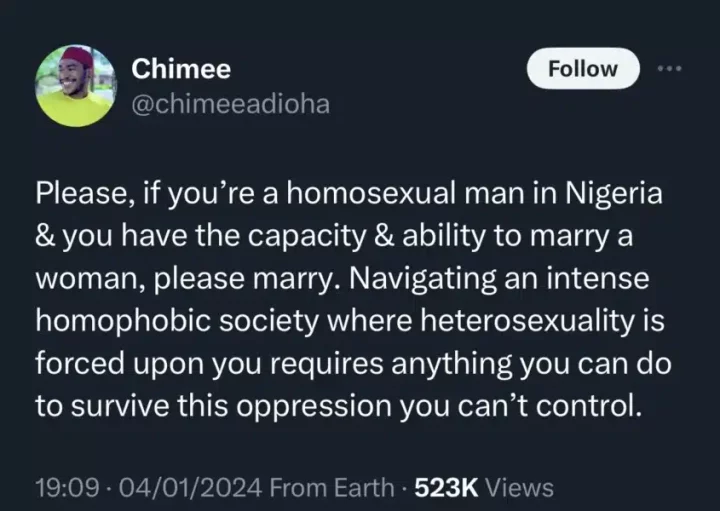 'If you're a gay man in Nigeria marry a woman' - Gay man advises fellows