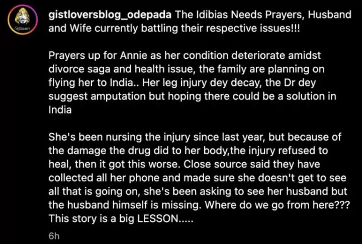 Annie Idibia's health allegedly worsens, may be flown abroad over leg injury