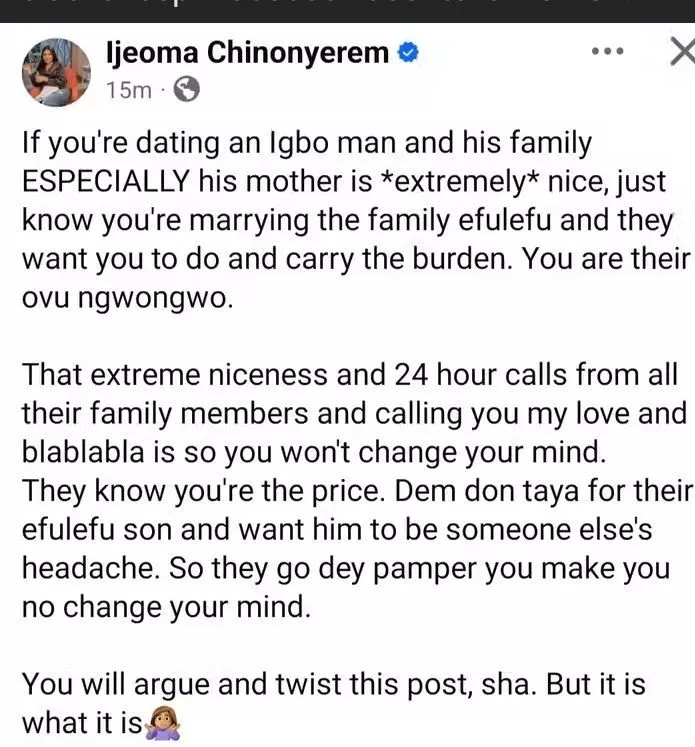 'Why Igbo mothers are kind to their daughters-in-law' - Lady