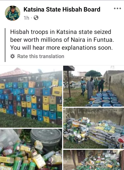 Hisbah seizes cartons of alcohol worth millions of Naira in Katsina