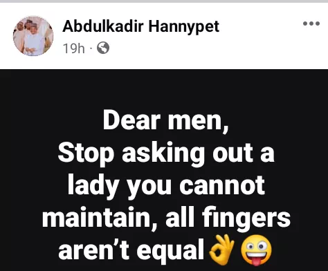 'Stop asking out a lady you cannot maintain. All fingers aren?t equal