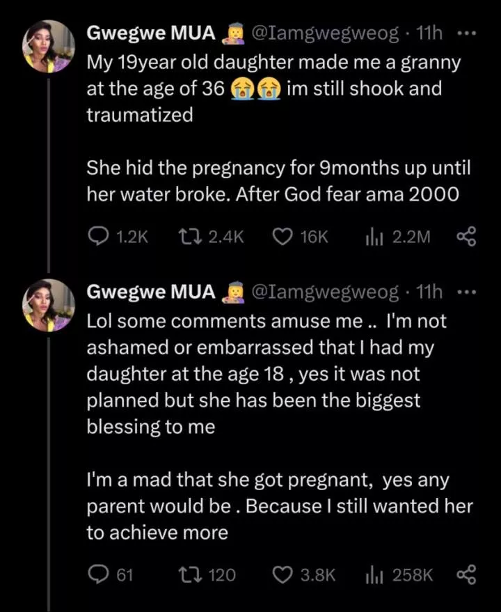 'After God, fear my daughter, Ama' - Mother expresses shock as 19-year-old teen daughter makes her a grandma at 36