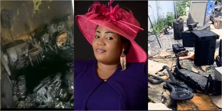 'We've lost everything' - Gospel singer, Chinyere Udoma cries out as fire destroys her music studio (Video)