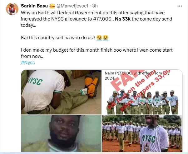 Corpers groan as NYSC reportedly pays N33K allawee, despite reported increase to N77K