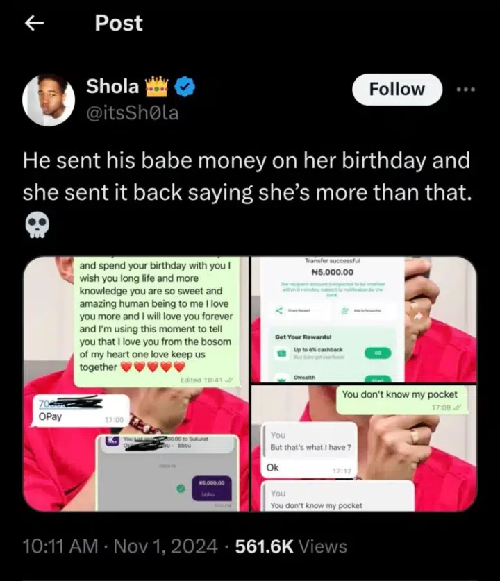 Lady returns ₦5k birthday gift from boyfriend, says she's 'more than that'