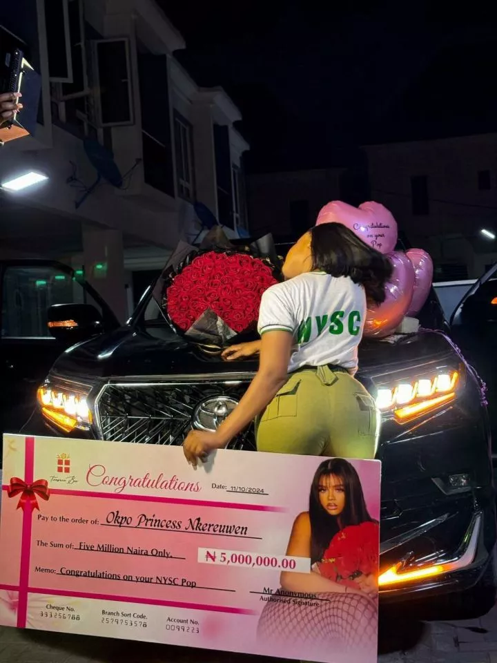 Fine girl privilege allegedly gets corper new car, N5m on P.O.P. day