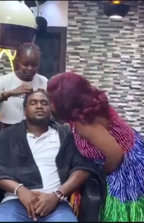 Moment Veekee James pulls kiss prank on her husband at a salon