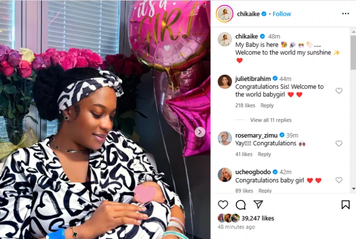 Chika Ike welcomes baby, hides her face