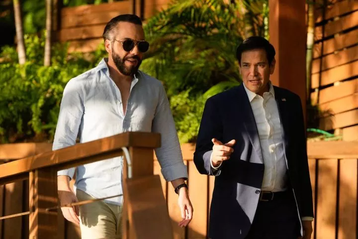 US Secretary of State Marco Rubio meets with President Nayib Bukele at his residence at Lake Coatepeque in El Salvador, Monday, February 3, 2025.