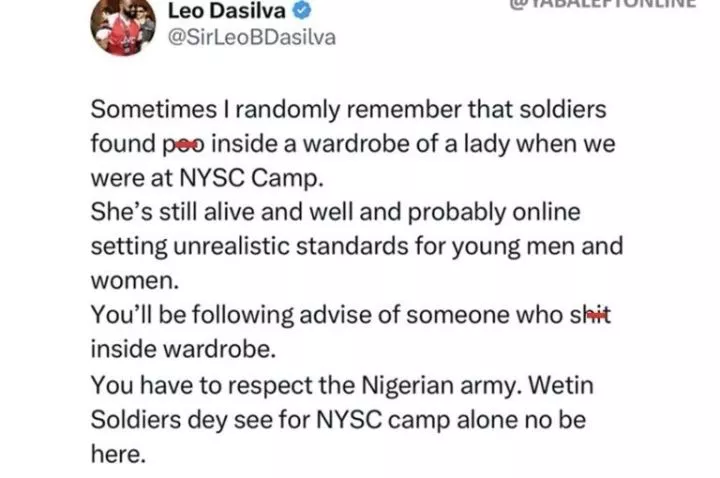 Leo DaSilva shares the unbelievable thing that was found in a lady's wardrobe during his NYSC camp