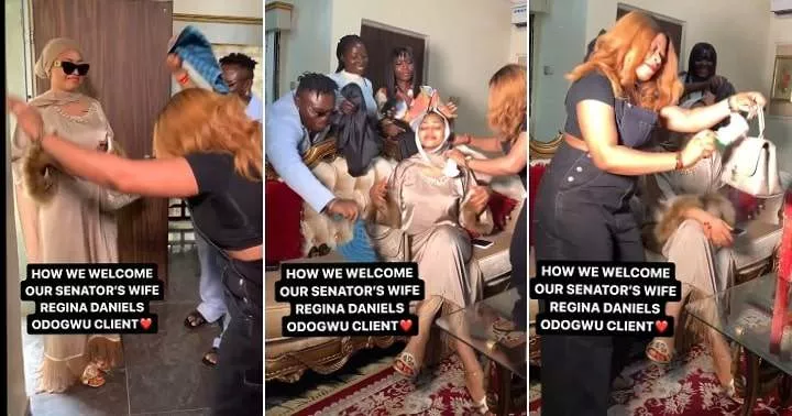 Excited make-up artist cleans 'odogwu wife' Regina Daniels' legs and bag as she arrives for makeover