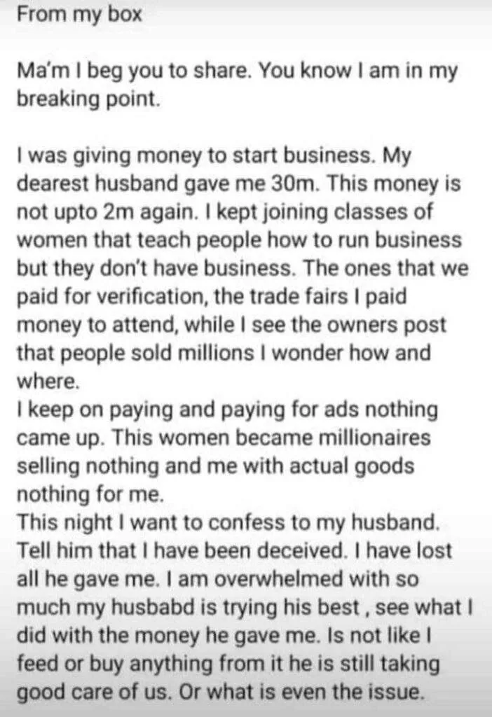 Wife in tears after wasting N30 million husband gave her to start business